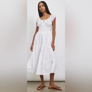 Chelsey White Short Sleeve Smocked Tiered Tie Bust Midi Dress Women's Size Small